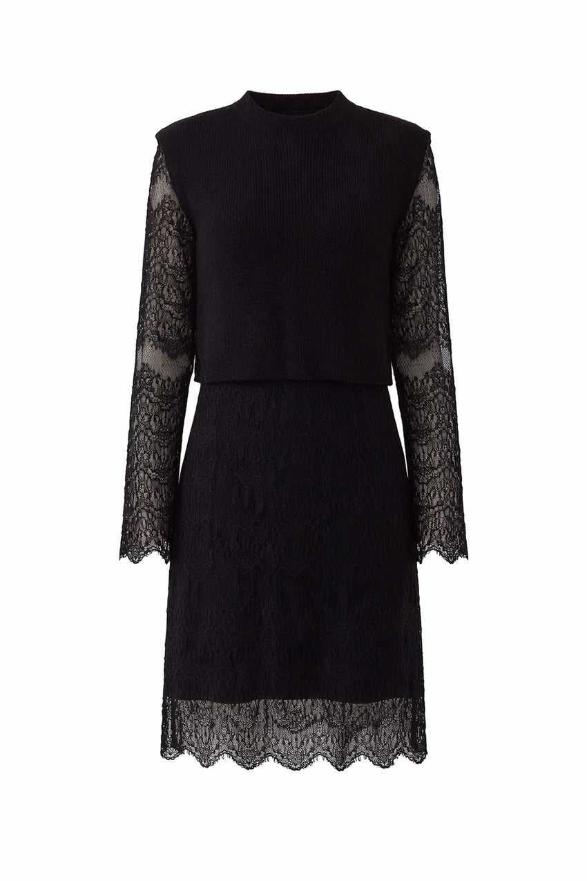 Regular Knit Vest Lined Lace Dress - Black