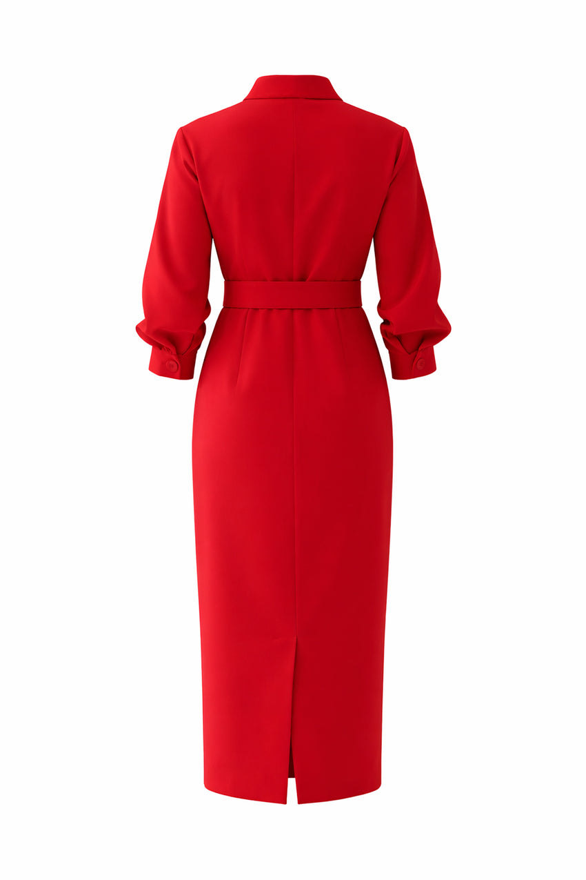 Slim Belted Midi Dress - Red