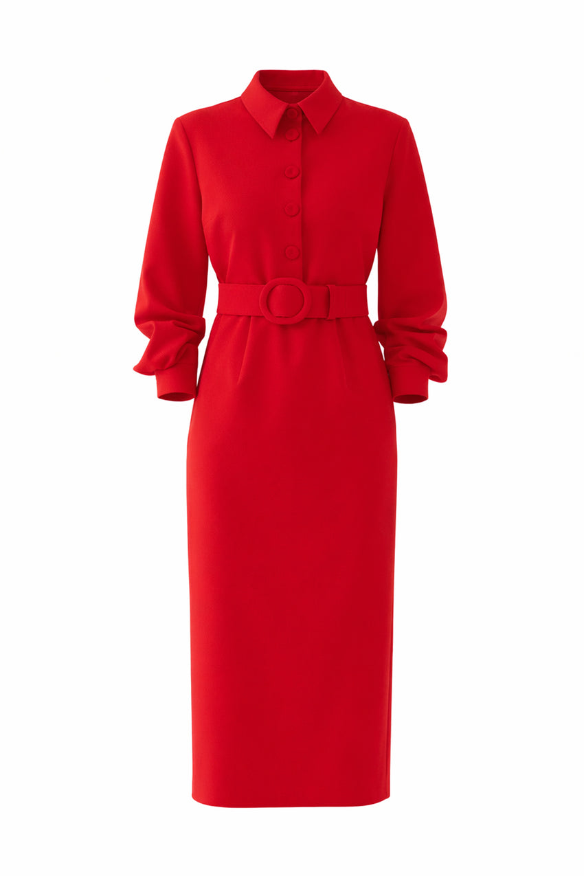 Slim Belted Midi Dress - Red