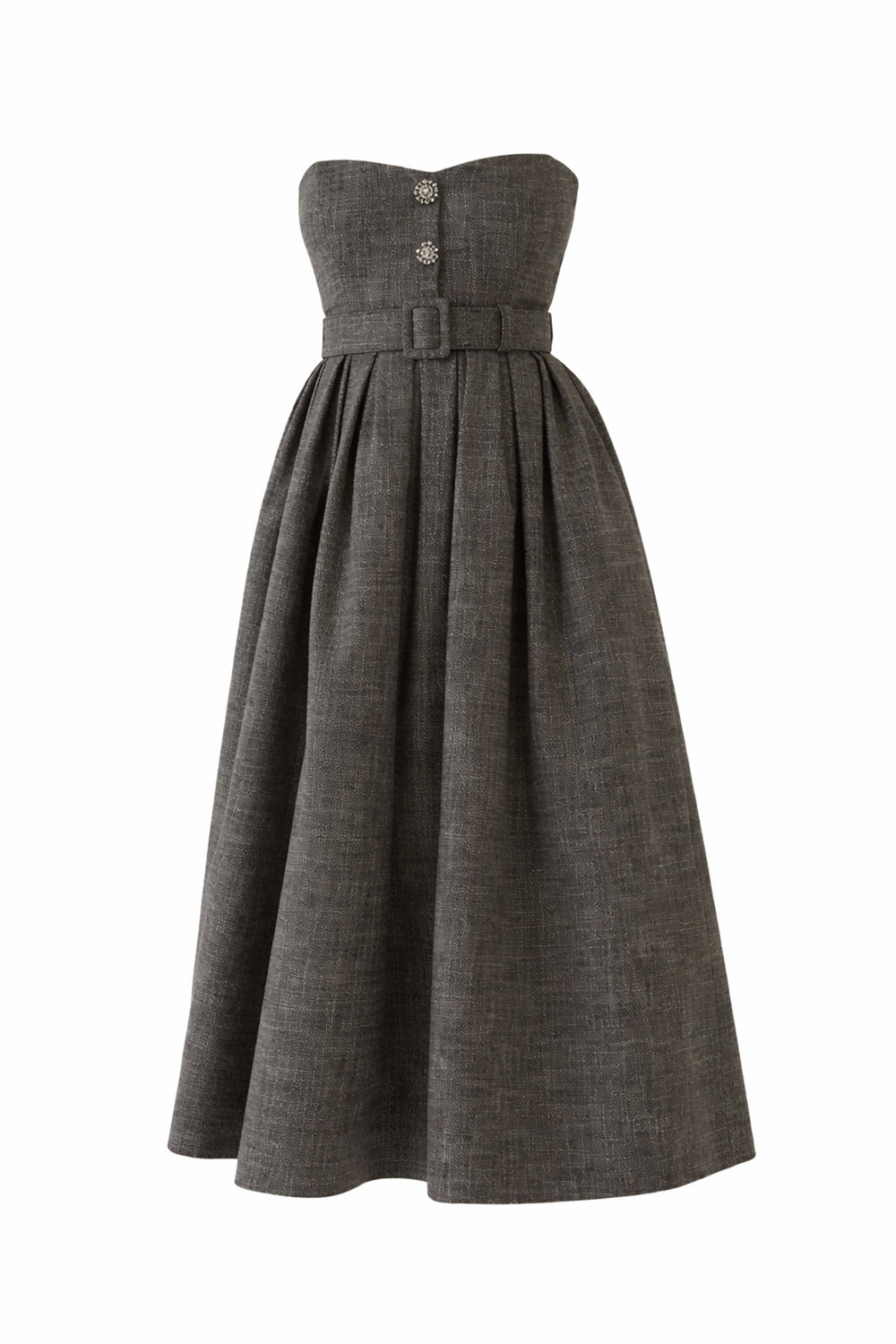 Arlan Dress  Strapless Belted Pleated Midi Dress - Grey