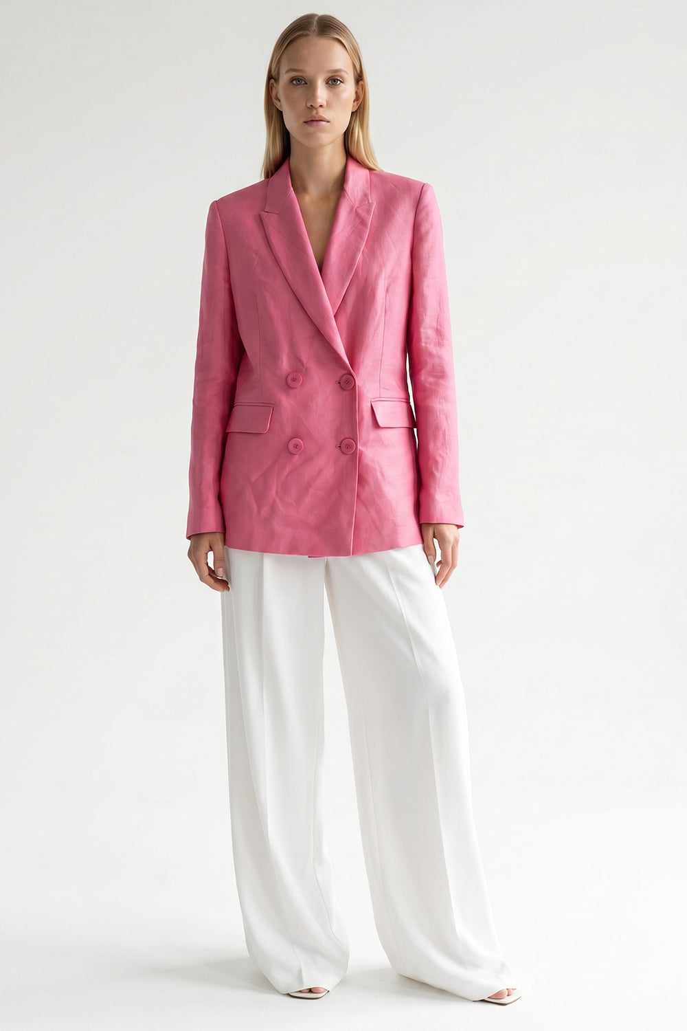 Double Breasted Linen Blazer Jacket - PINK
