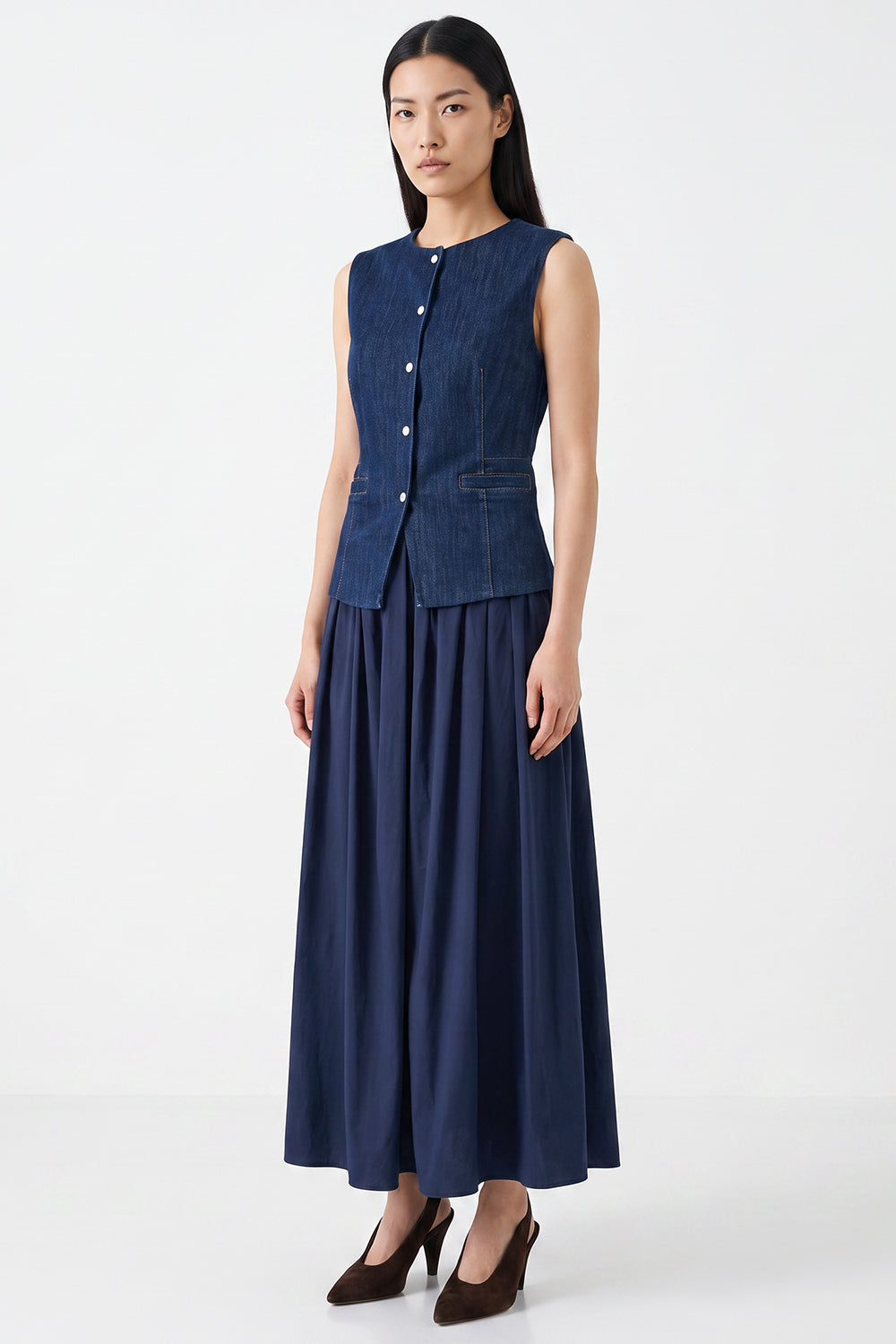 Denim Trim Zip-Front Midi Dress - BLUE