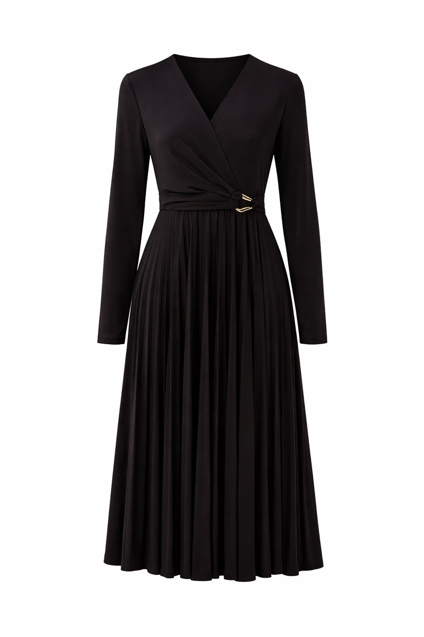 Regular Pleated Knit Midi Dress - Black