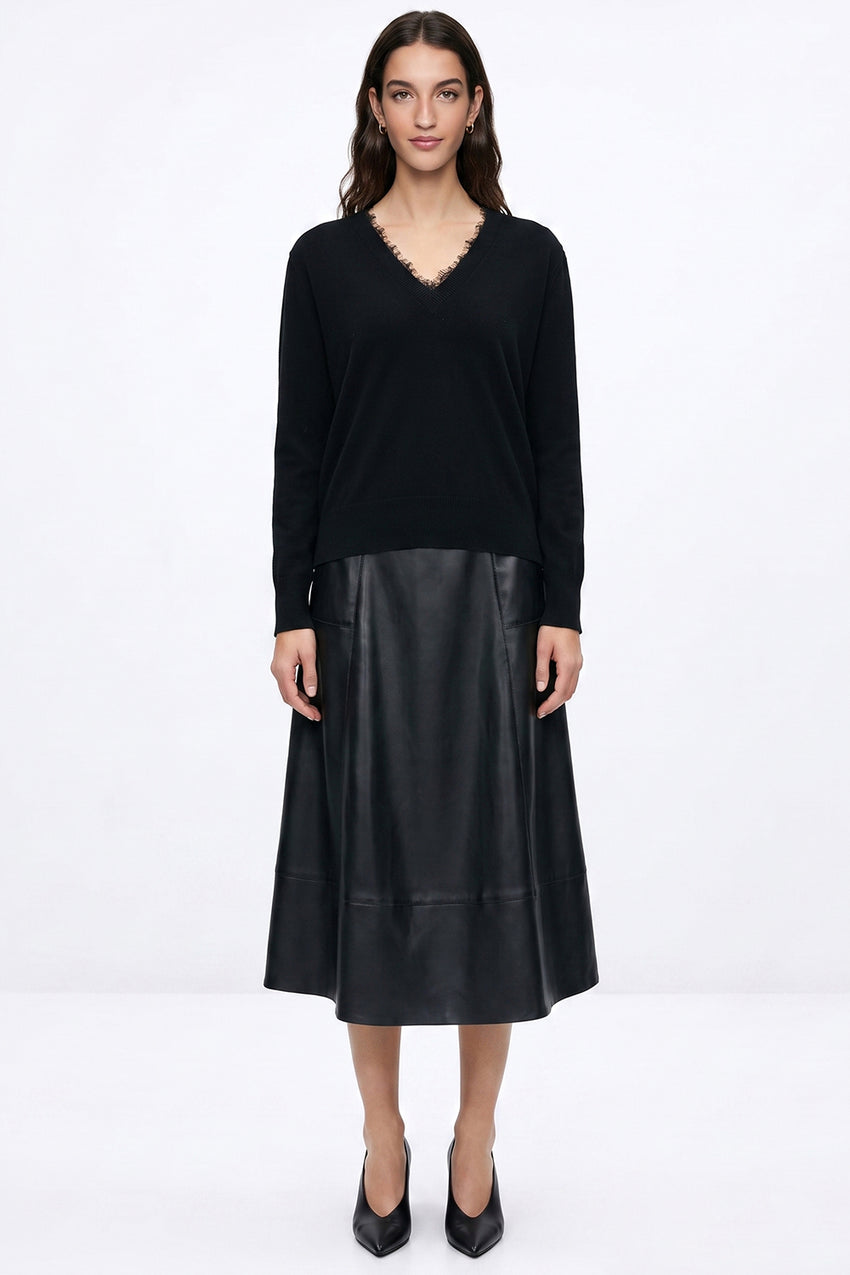 Long Sleeve V-Neck Knit Blouse with Lace Trim - BLACK