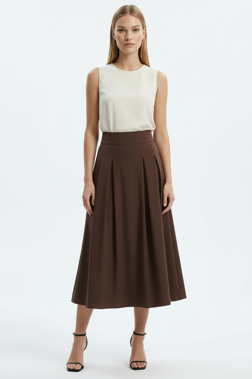 Pleated Midi Skirt -BROWN