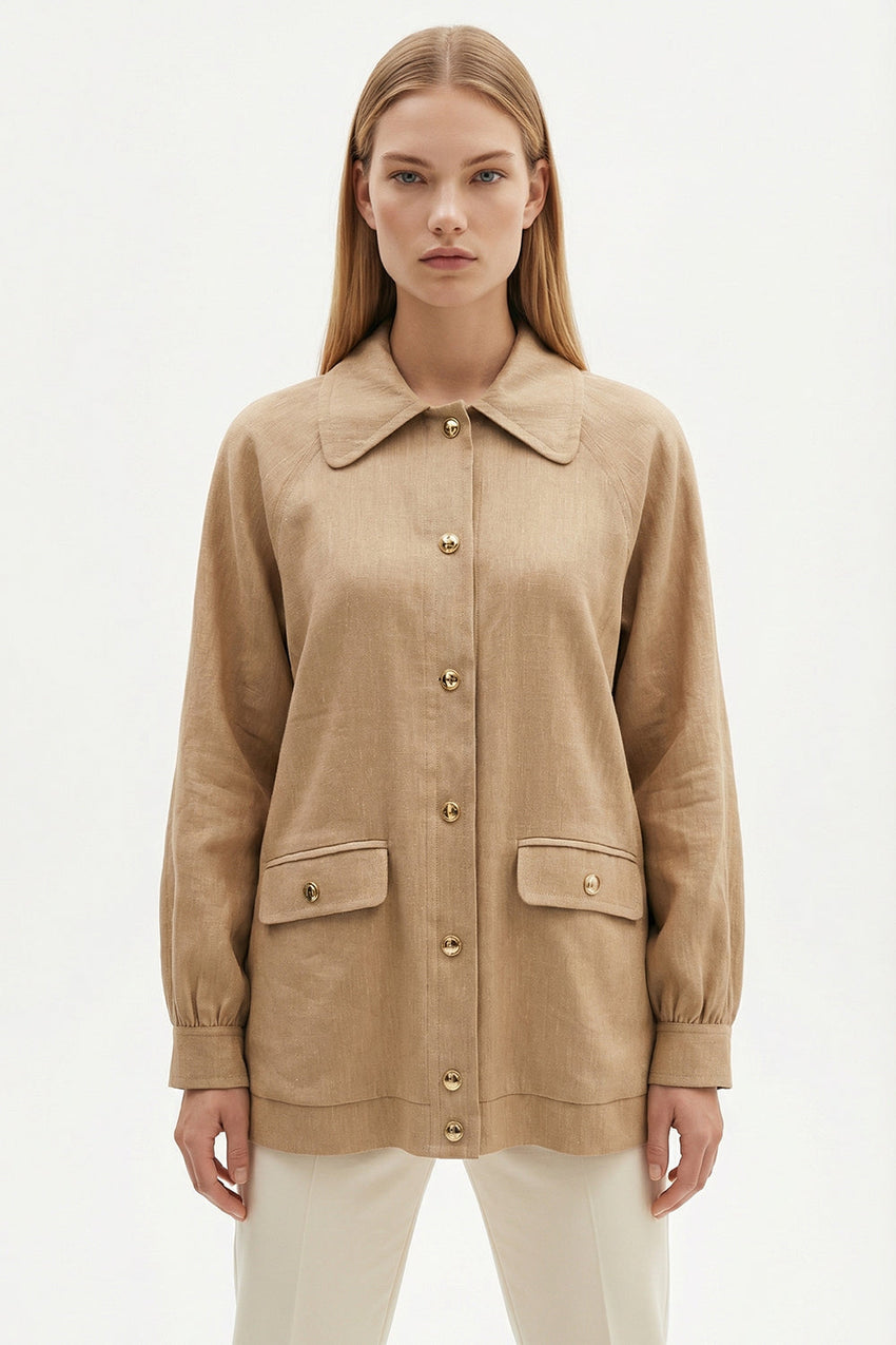 Shirt Collar Long Sleeve Jacket - CAMEL