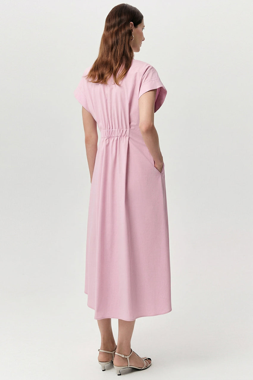 Shirt Collar Elastic Waist Pocket Midi Dress - PINK