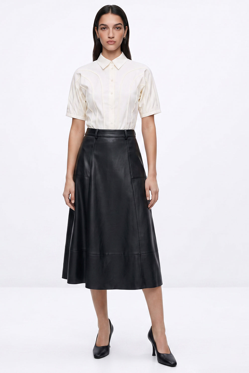 Faux Leather Midi Skirt with Pockets and Zipper - BLACK