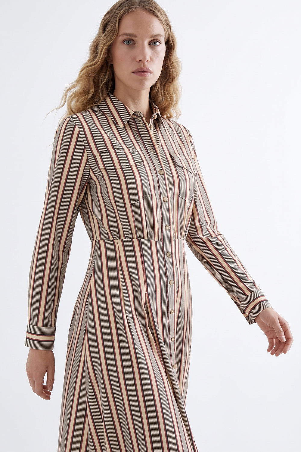Long Sleeve Pocketed Midi Shirt Dress - MULTICOLOR