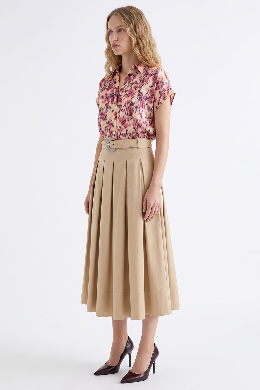 Pleated Midi Skirt with Zipper and Belt - BEIGE