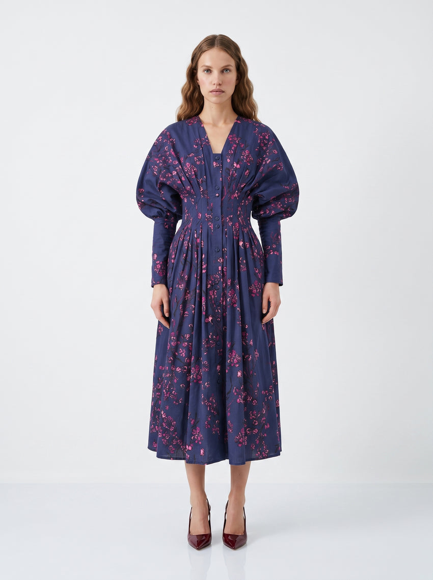 Raglan Sleeve V Neck Pleated Waist Midi Dress - MULTICOLOR