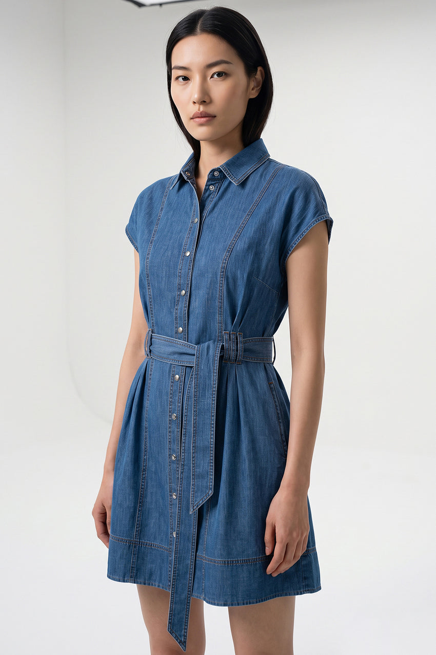 Short Sleeve Mini Dress with Pockets and Belt - INDIGO
