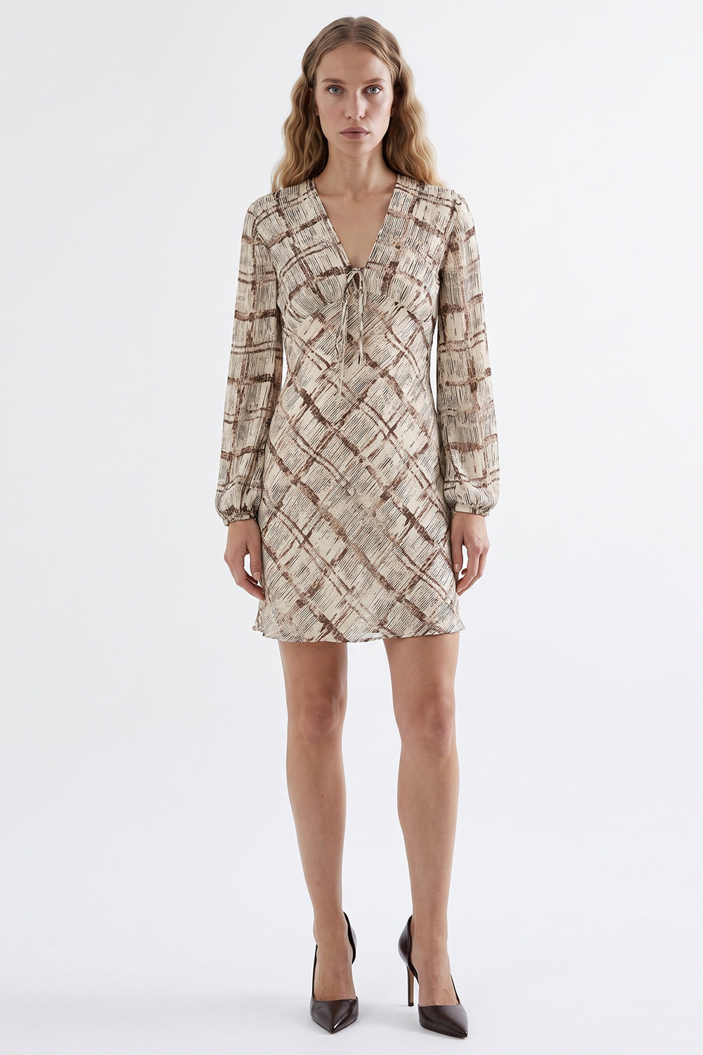 Elasticated Sleeve V Neck Lined Dress - MULTICOLOR