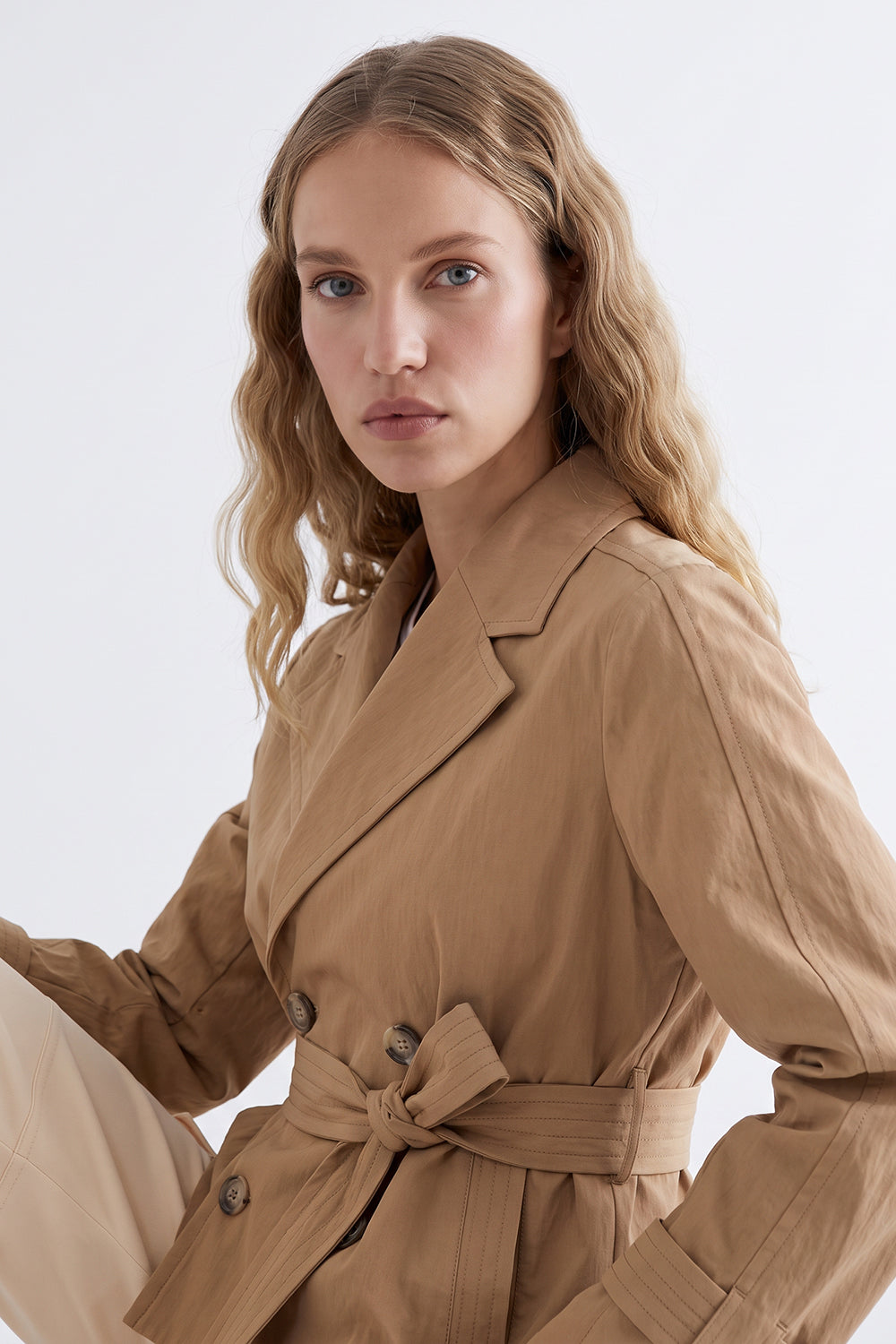 Lined Wrap Trench Coat with Belted Waist - CAMEL