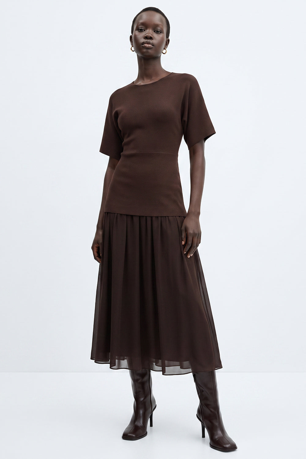 Short Sleeve Midi Dress with Chiffon Lined Skirt - BROWN