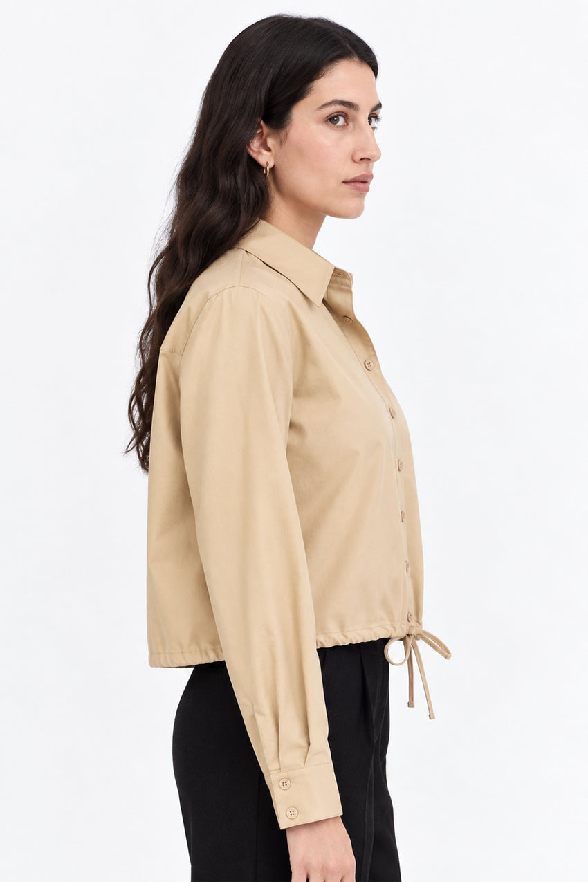 Long Sleeve Shirt with Elastic Waist - BEIGE
