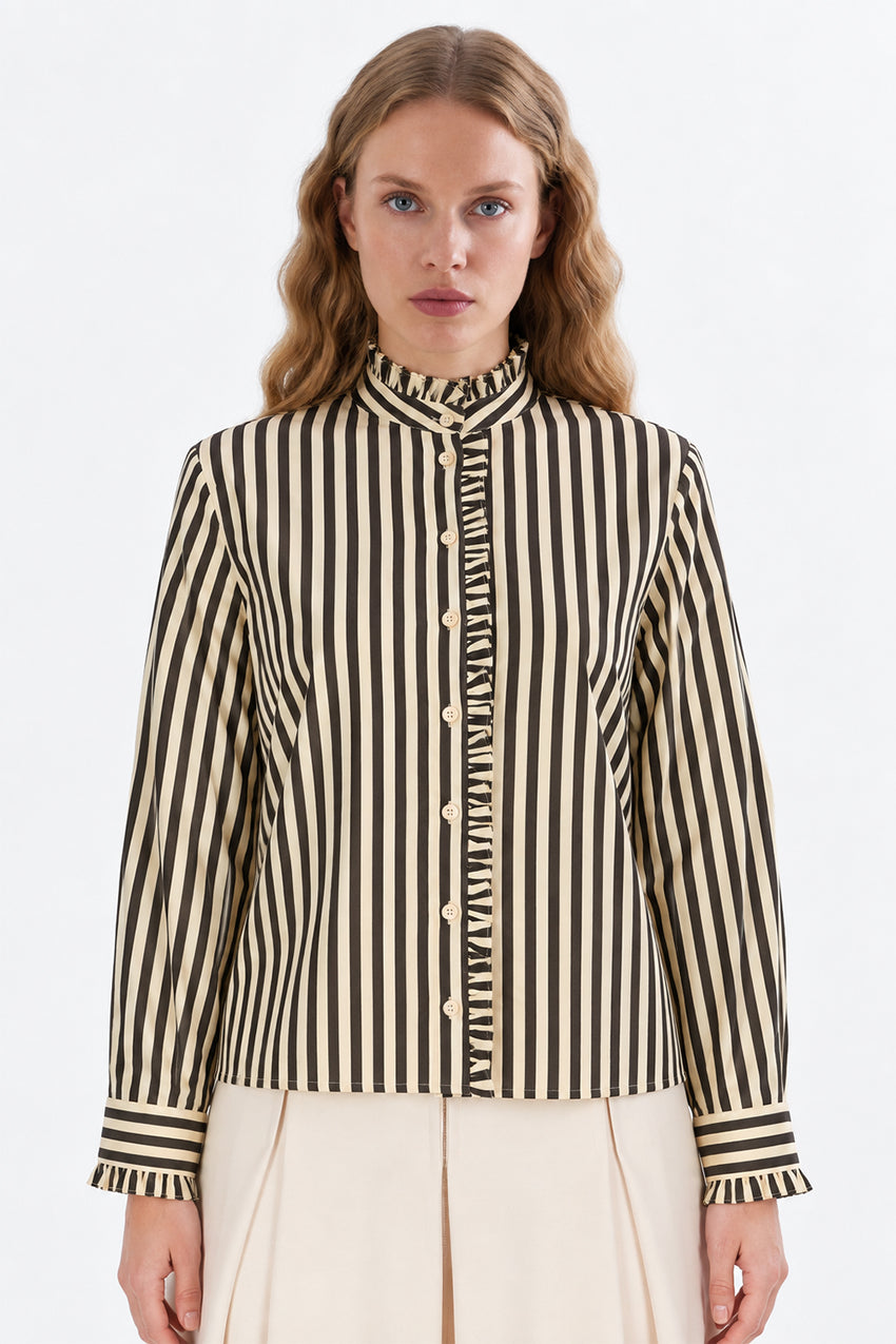Ruffle Stand Collar Long Sleeve Shirt - BROWN BEIGE