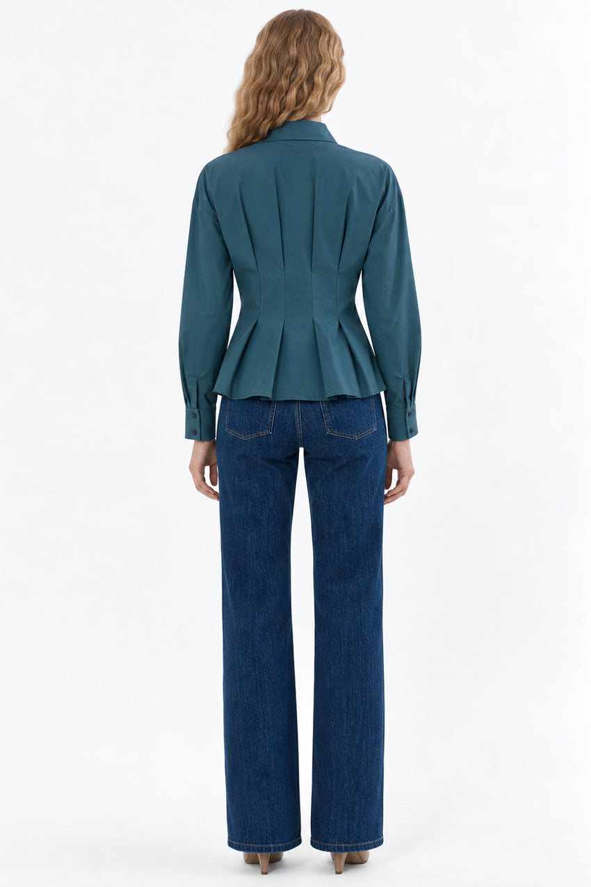 Long Sleeve Shirt with Back Pleats - DARK GREEN