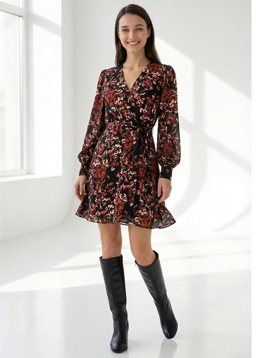 Floral Print Mini Viscose Dress with Belt and Long Sleeves