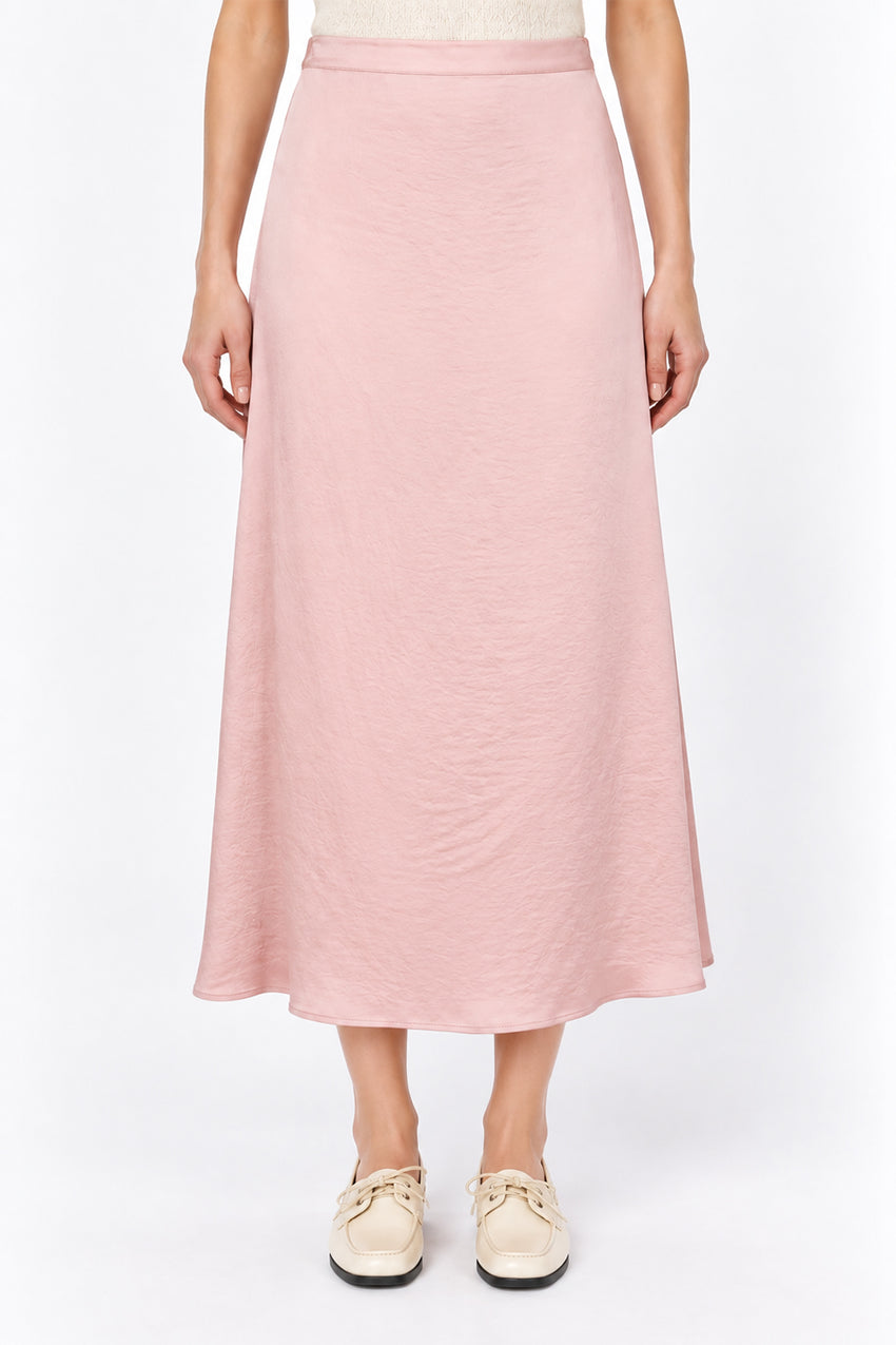 Satin Midi Skirt with Elastic Back - PINK