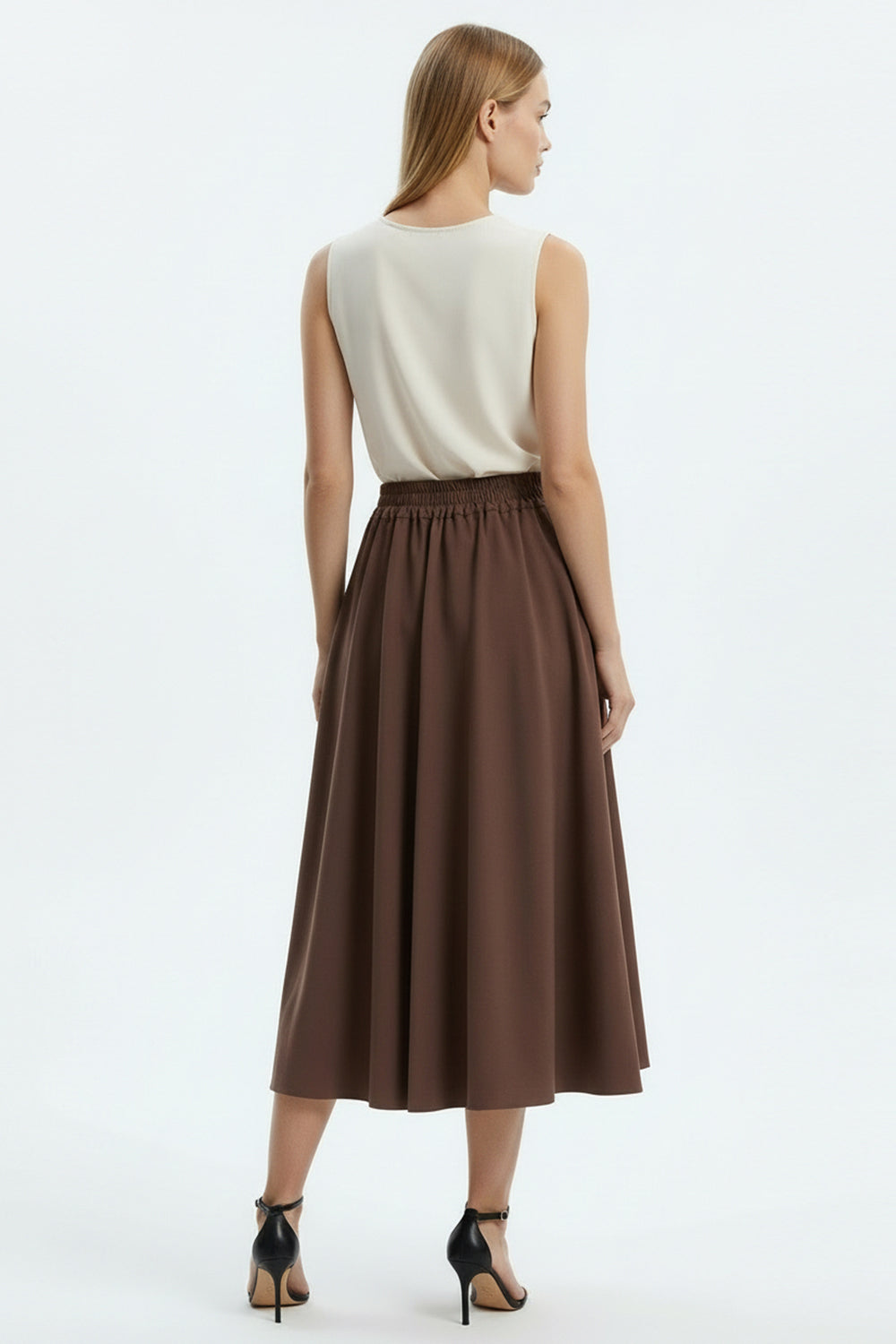 Pleated Midi Skirt -BROWN