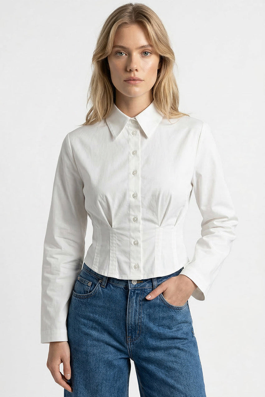 Long Sleeve Crop Shirt - WHITE