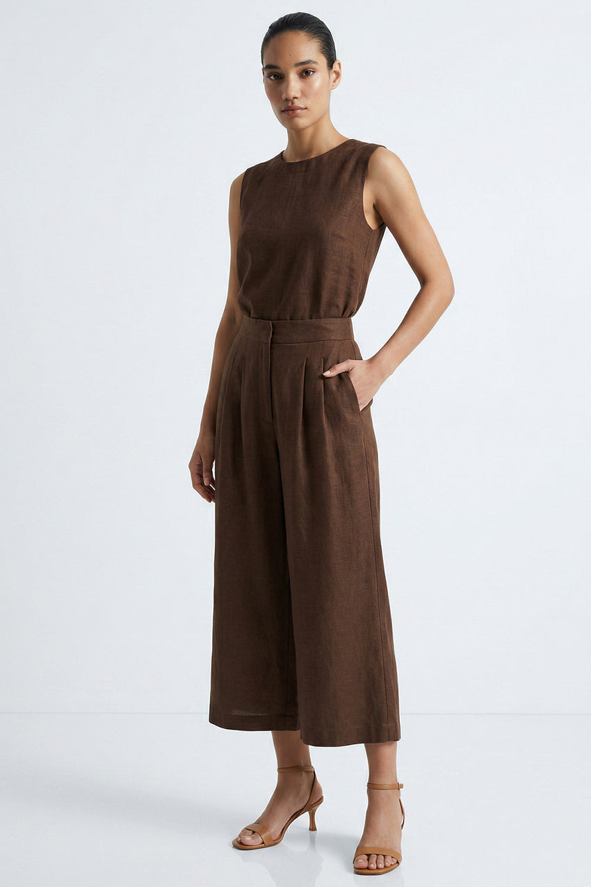 Pocket Zipper Culotte Linen Pants - BROWN