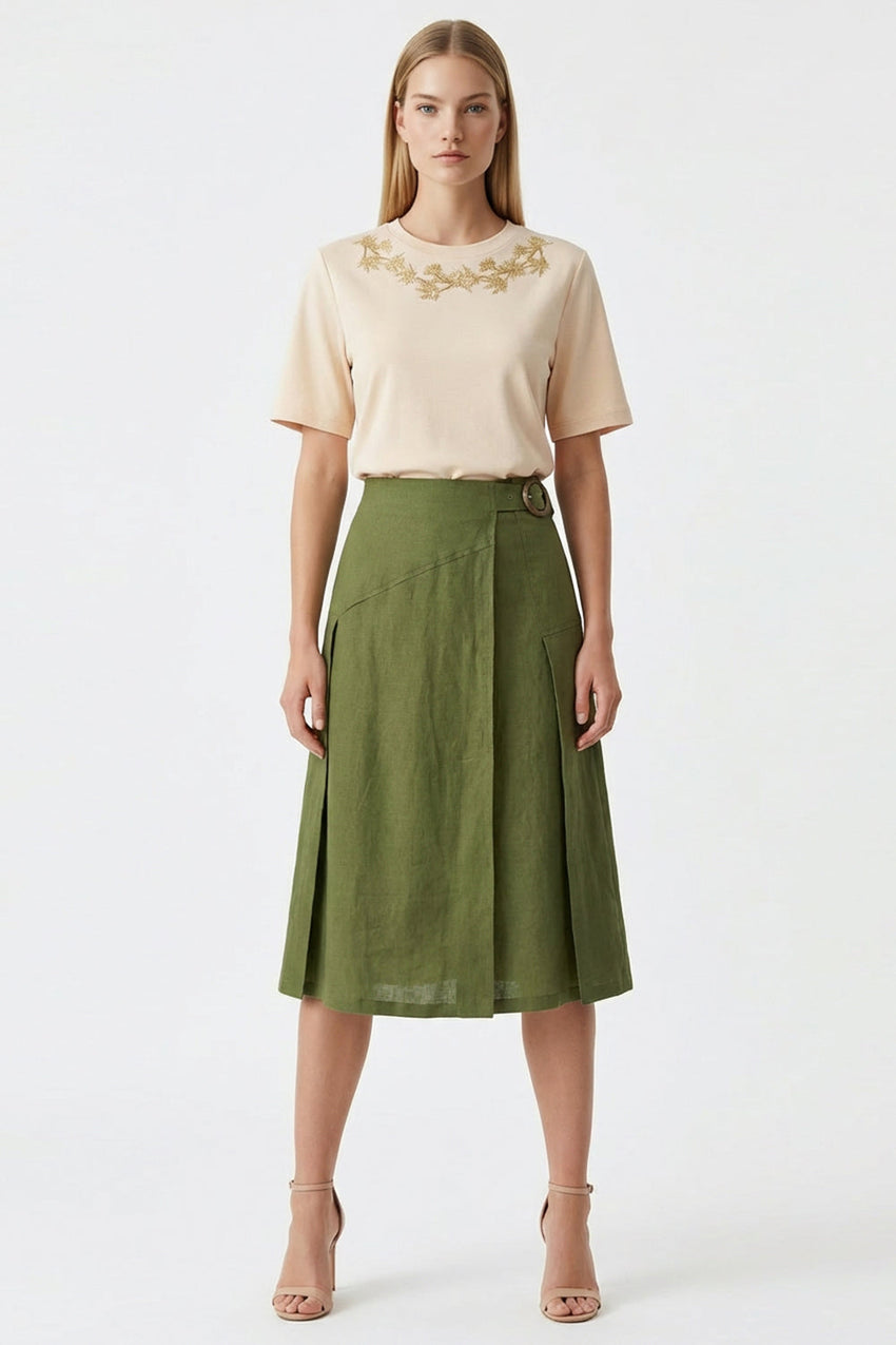 Linen Midi Skirt  - KHAKI