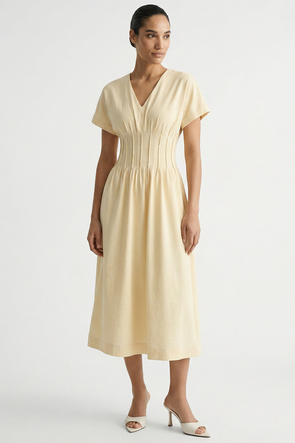 Short Sleeve V Neck Elastic Waist Pocket Midi Dress - CREAM