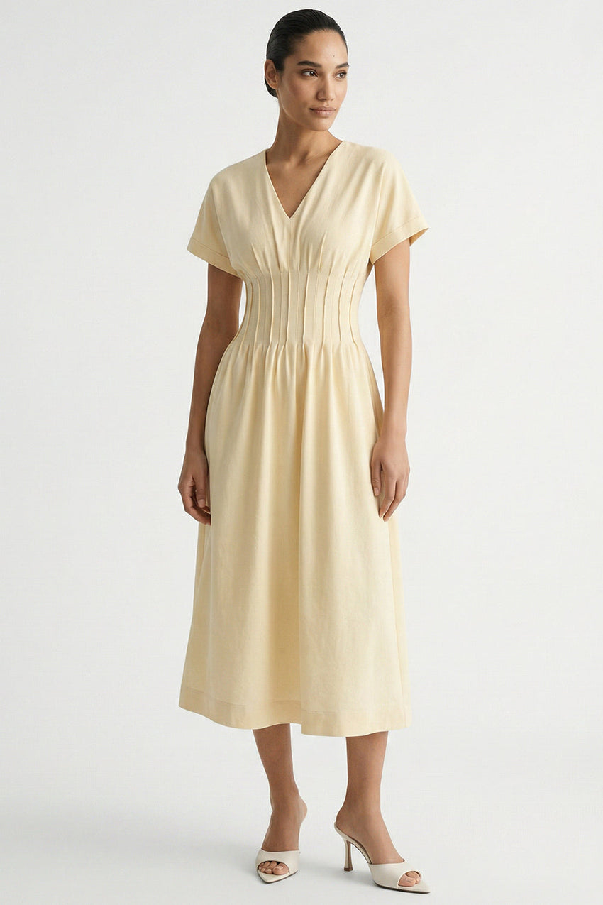 Short Sleeve V Neck Elastic Waist Pocket Midi Dress - CREAM