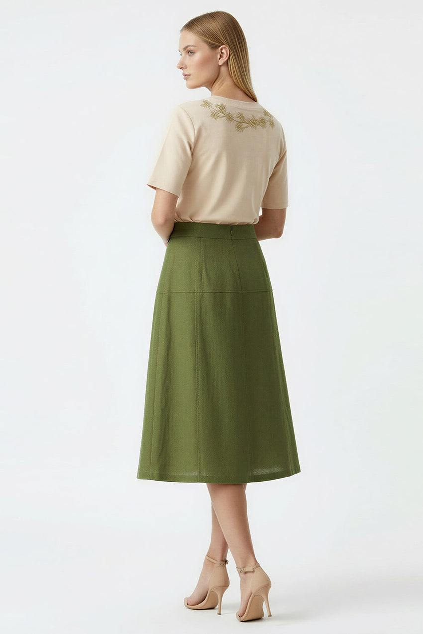 Linen Midi Skirt  - KHAKI