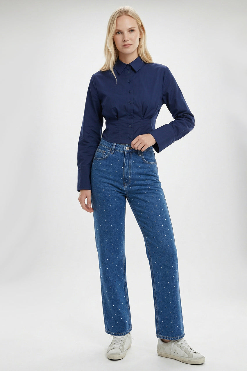 High Waisted Wide Leg Denim Jeans - INDIGO