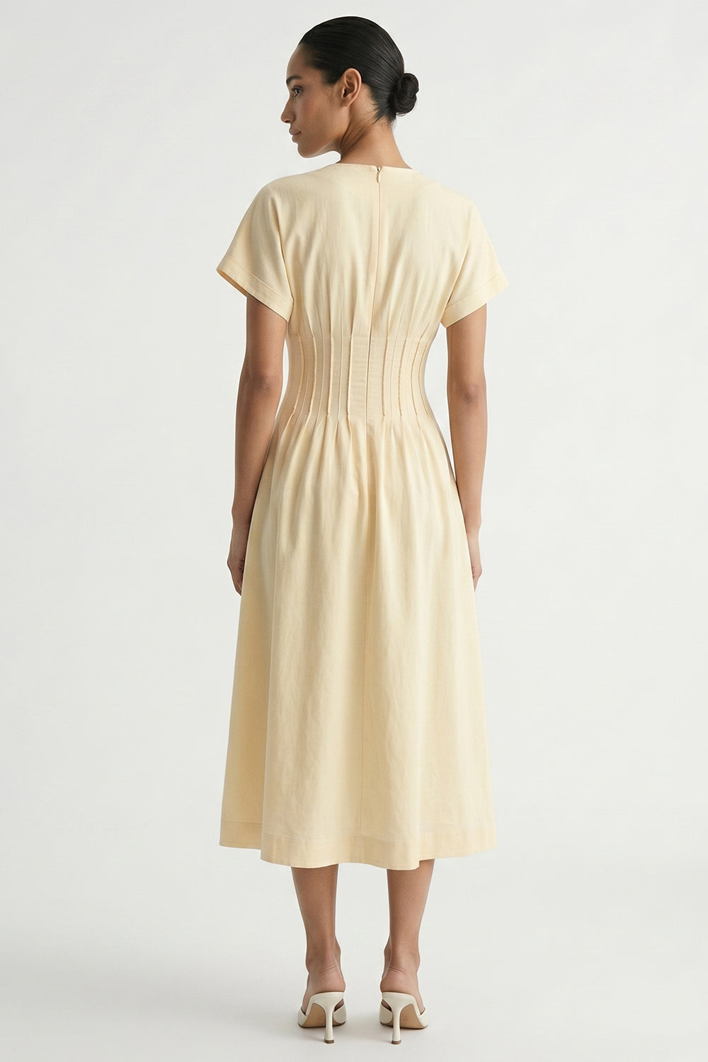 Short Sleeve V Neck Elastic Waist Pocket Midi Dress - CREAM