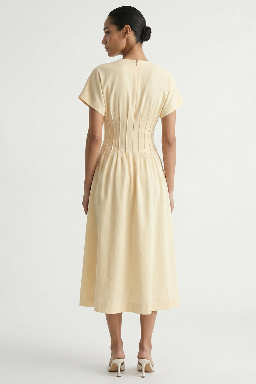 Short Sleeve V Neck Elastic Waist Pocket Midi Dress - CREAM