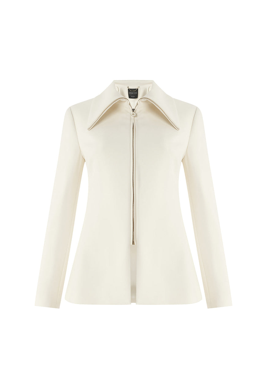 Notched Collar Zipped Slim Fit Jacket Cream