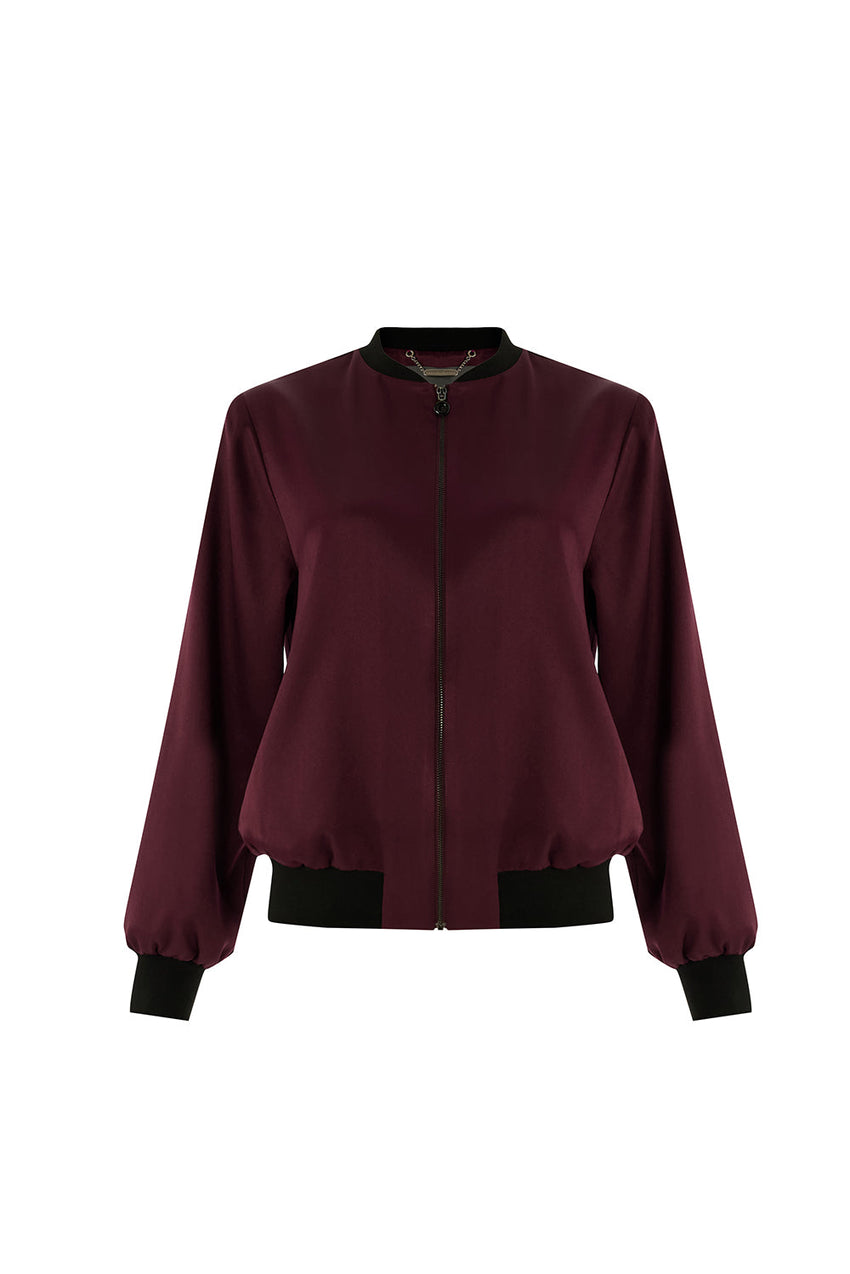 Lacey Satin Bomber-Style Crew Neck Jacket with Pockets