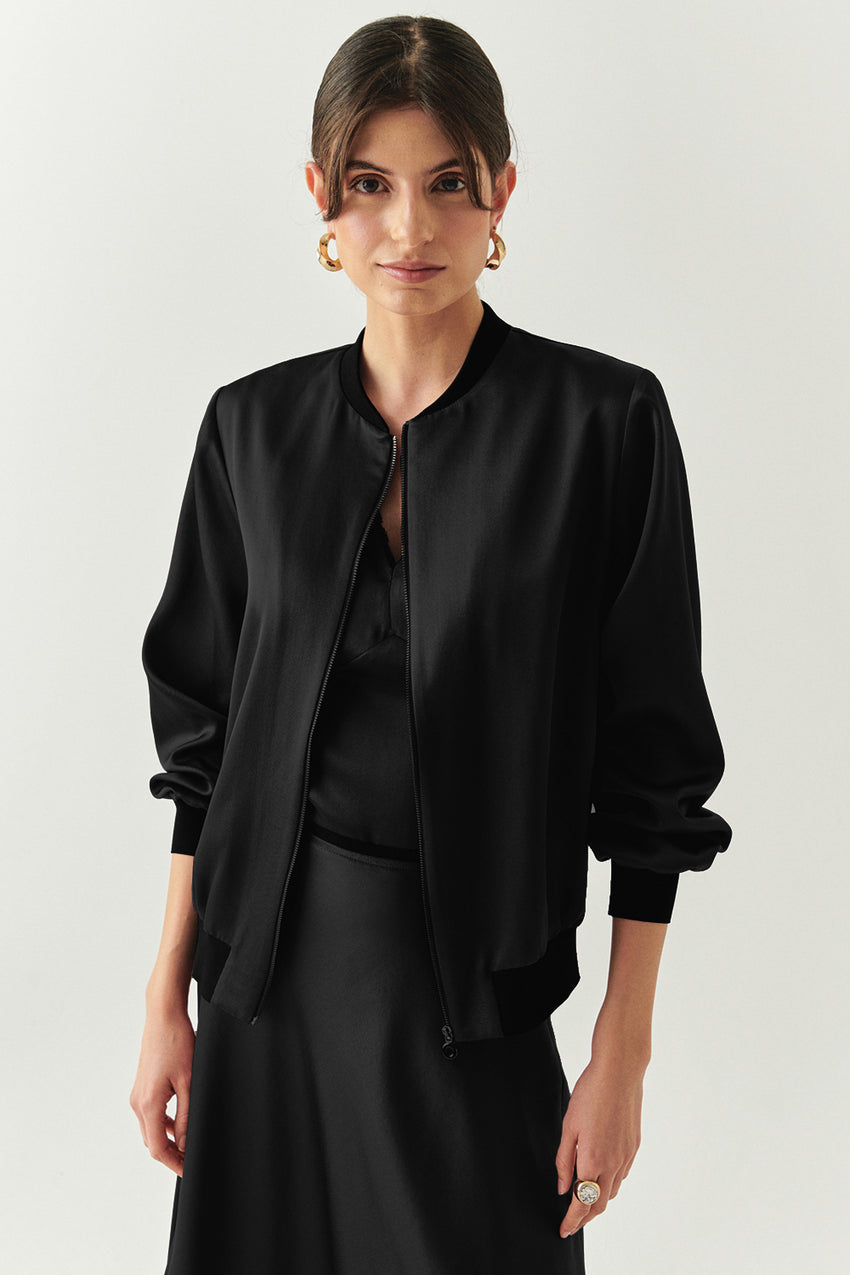 Lacey Satin Bomber-Style Crew Neck Jacket with Pockets Black