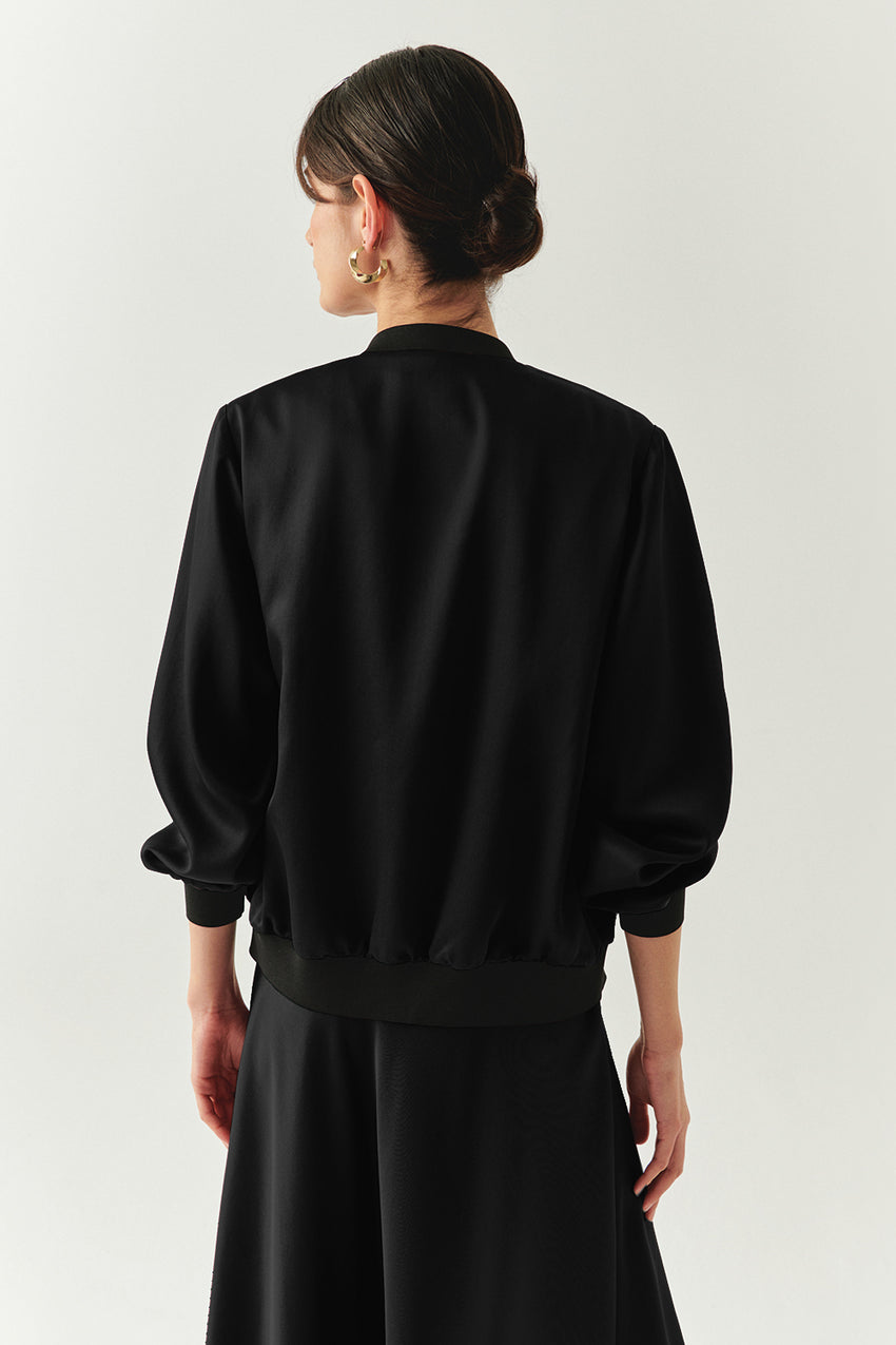 Lacey Satin Bomber-Style Crew Neck Jacket with Pockets Black
