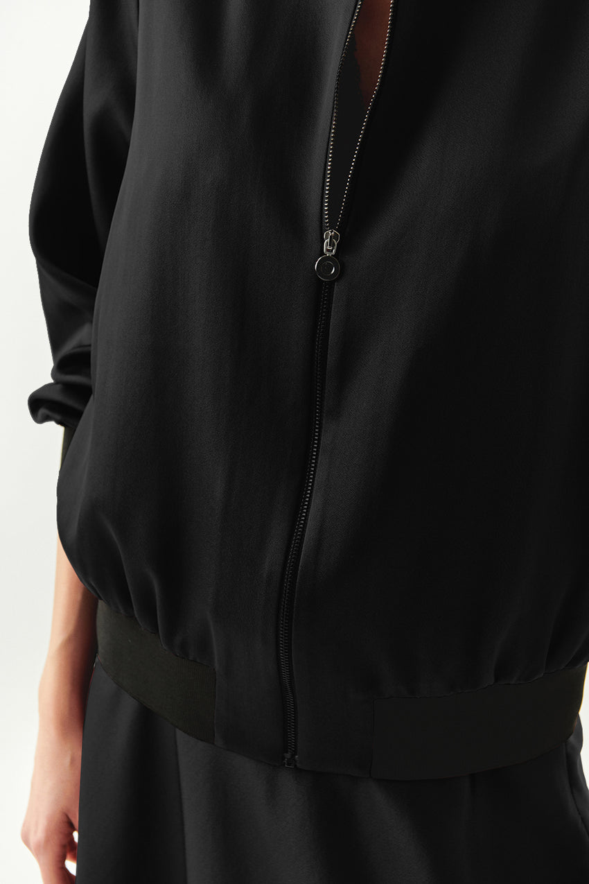 Lacey Satin Bomber-Style Crew Neck Jacket with Pockets Black