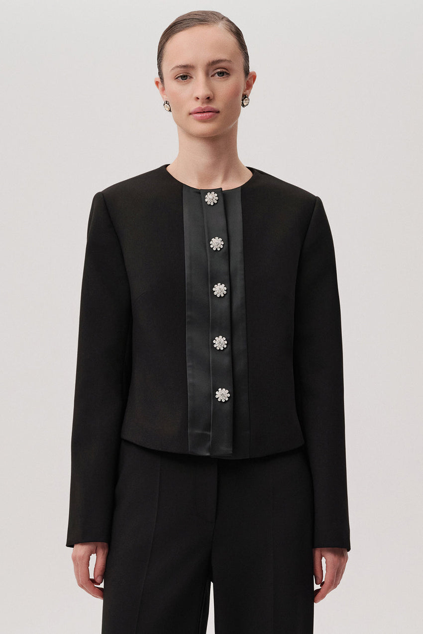 Aster Black Structured Jacket with High Neck & Pockets