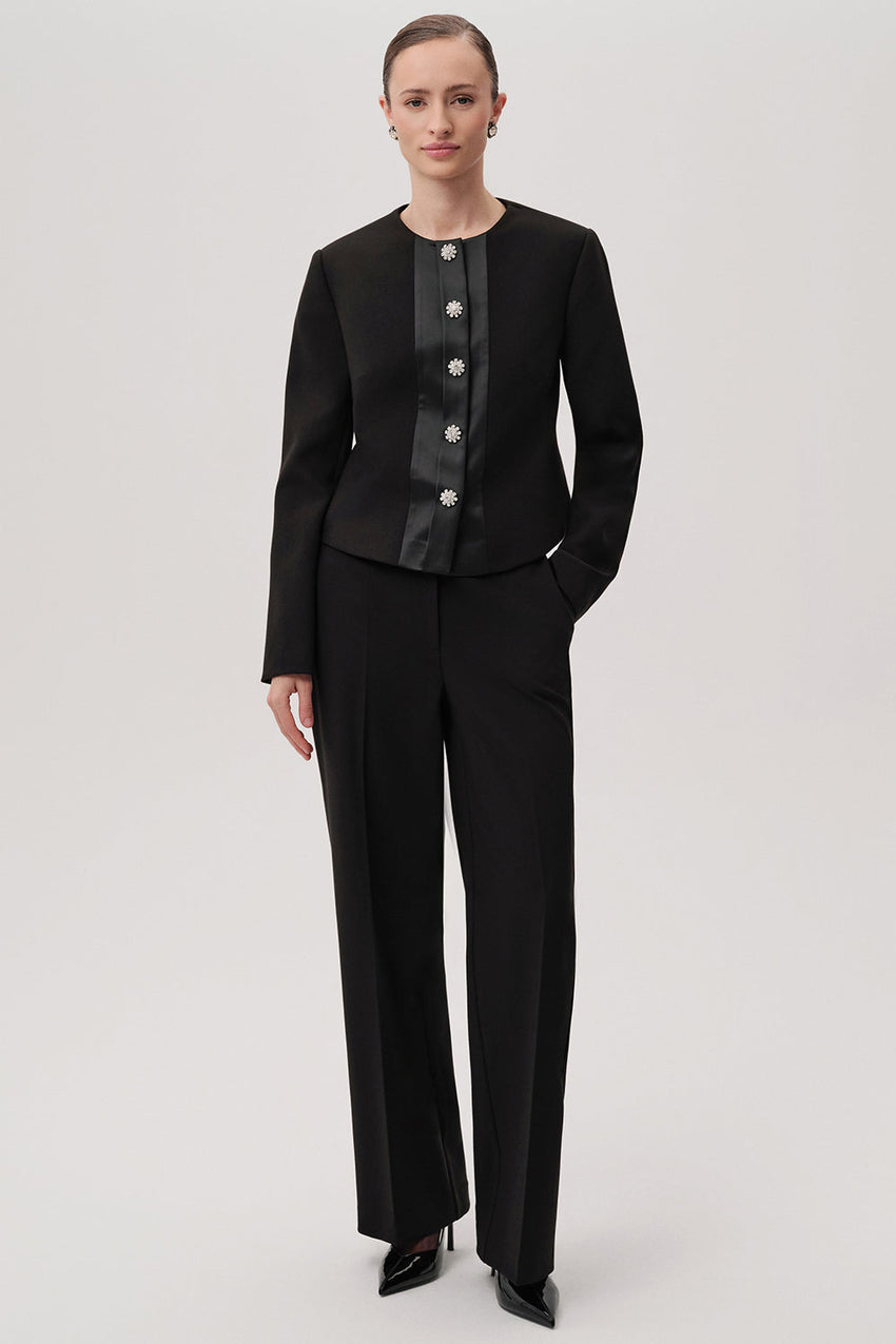 Aster Black Structured Jacket with High Neck & Pockets