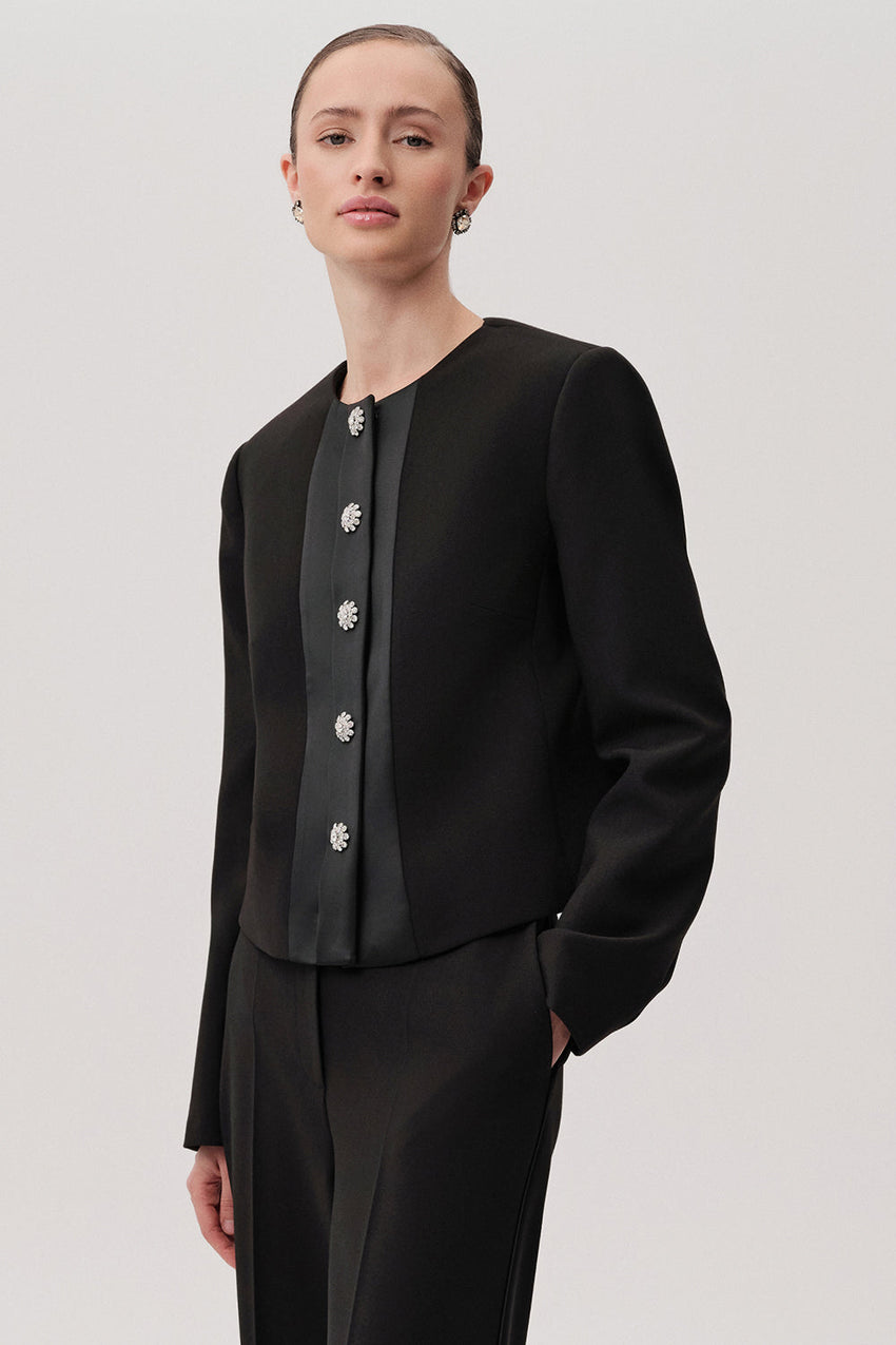 Aster Black Structured Jacket with High Neck & Pockets