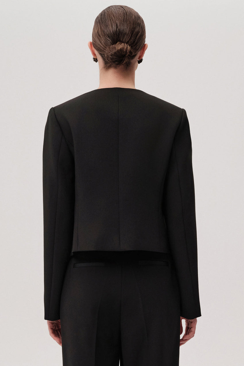 Aster Black Structured Jacket with High Neck & Pockets