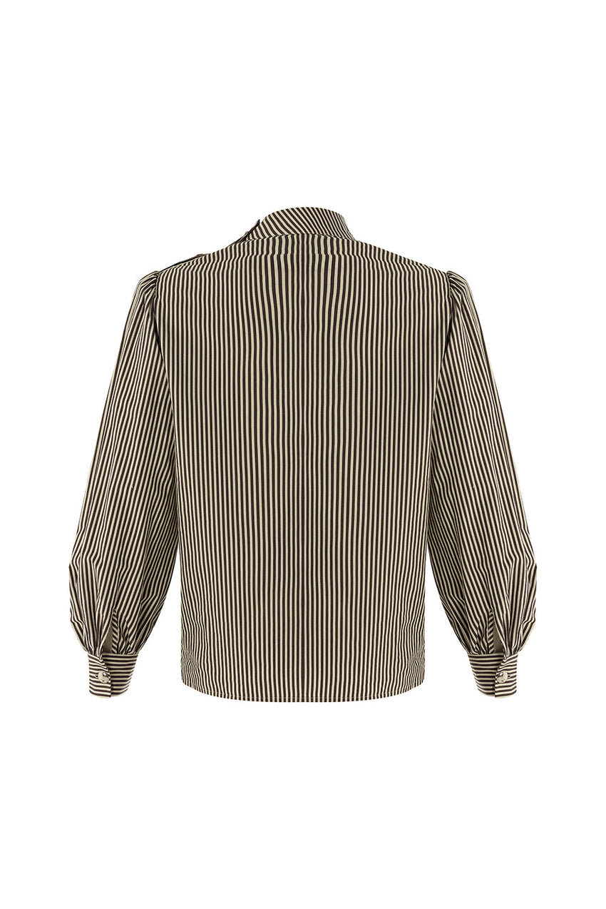 Indigo Brown-Bone Striped Cotton Blouse with High Neck, Tie Detail, and Long Sleeves