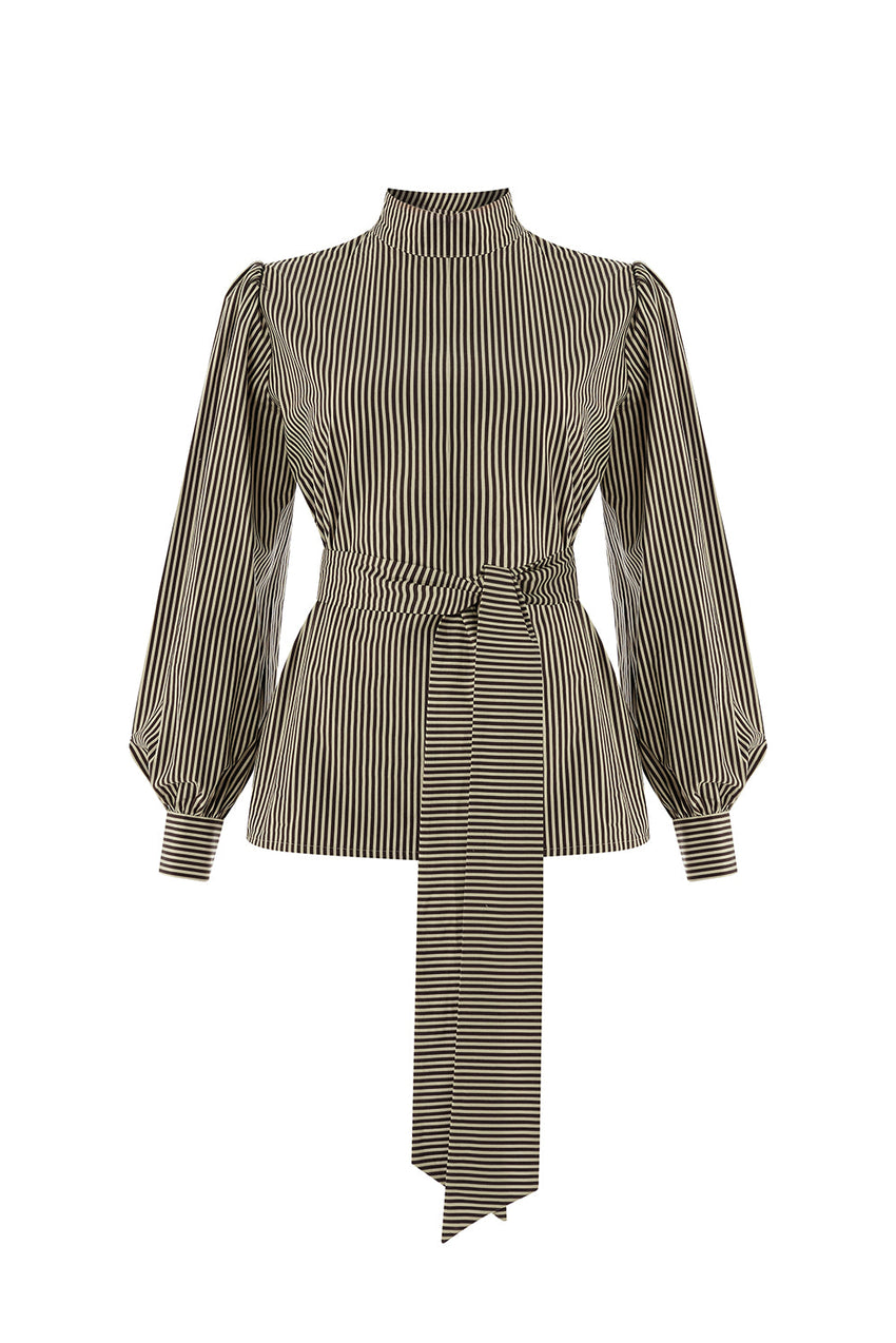 Indigo Brown-Bone Striped Cotton Blouse with High Neck, Tie Detail, and Long Sleeves