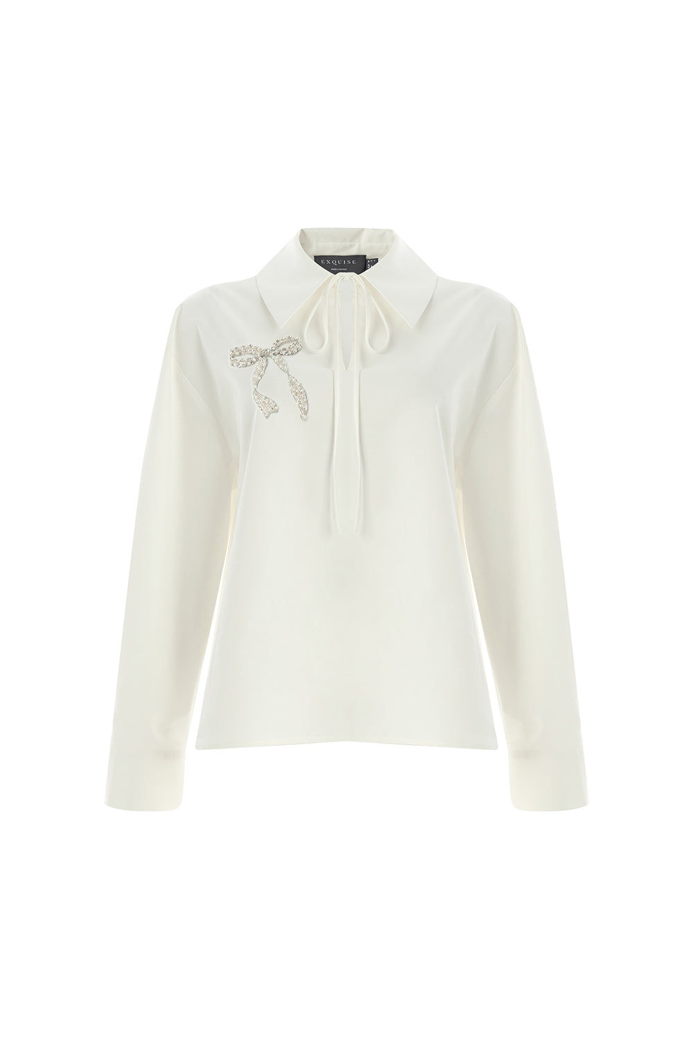 Long Sleeve Bow Embroidered Shirt Collar Oversize Blouse Bone
