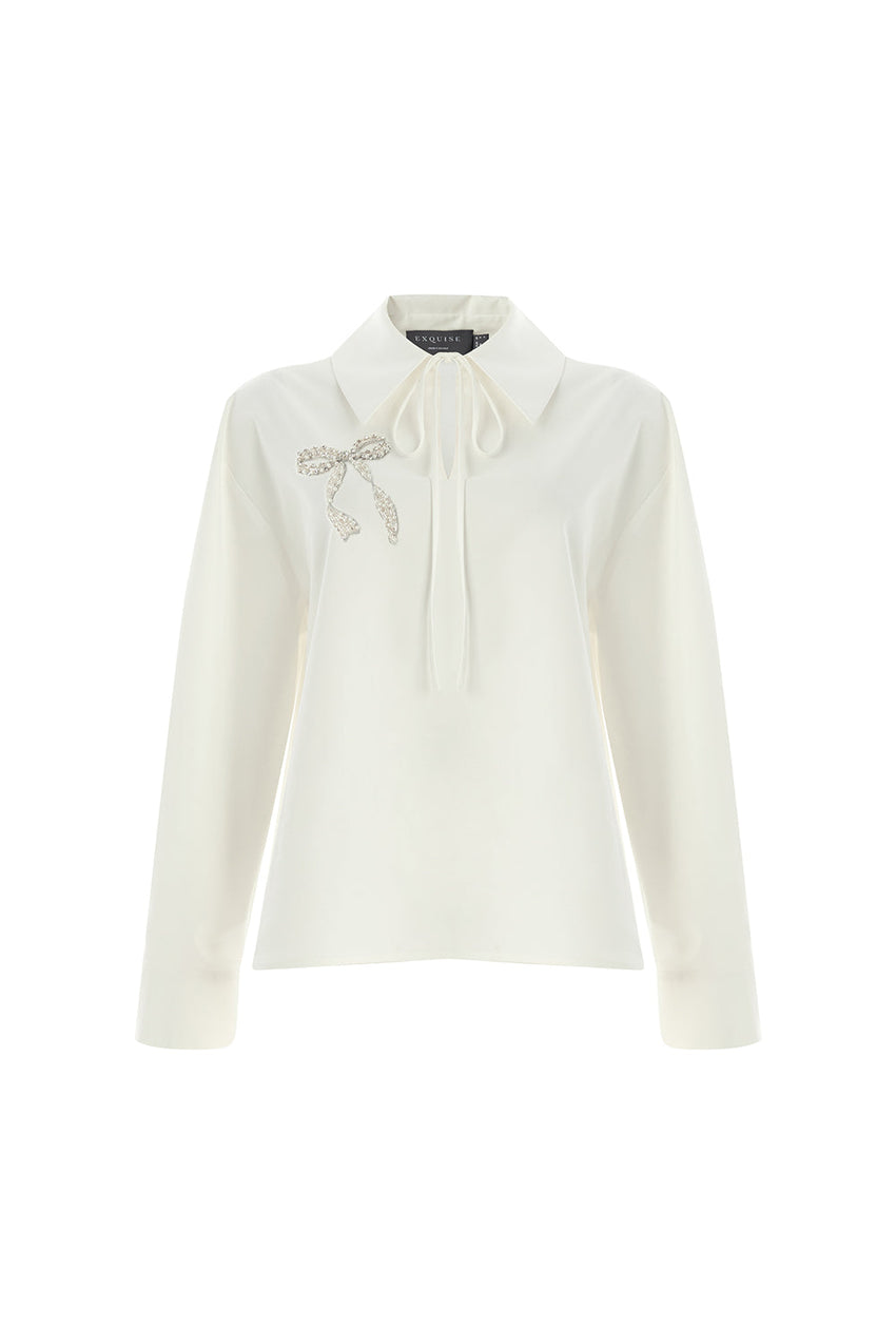 Long Sleeve Bow Embroidered Shirt Collar Oversize Blouse Bone