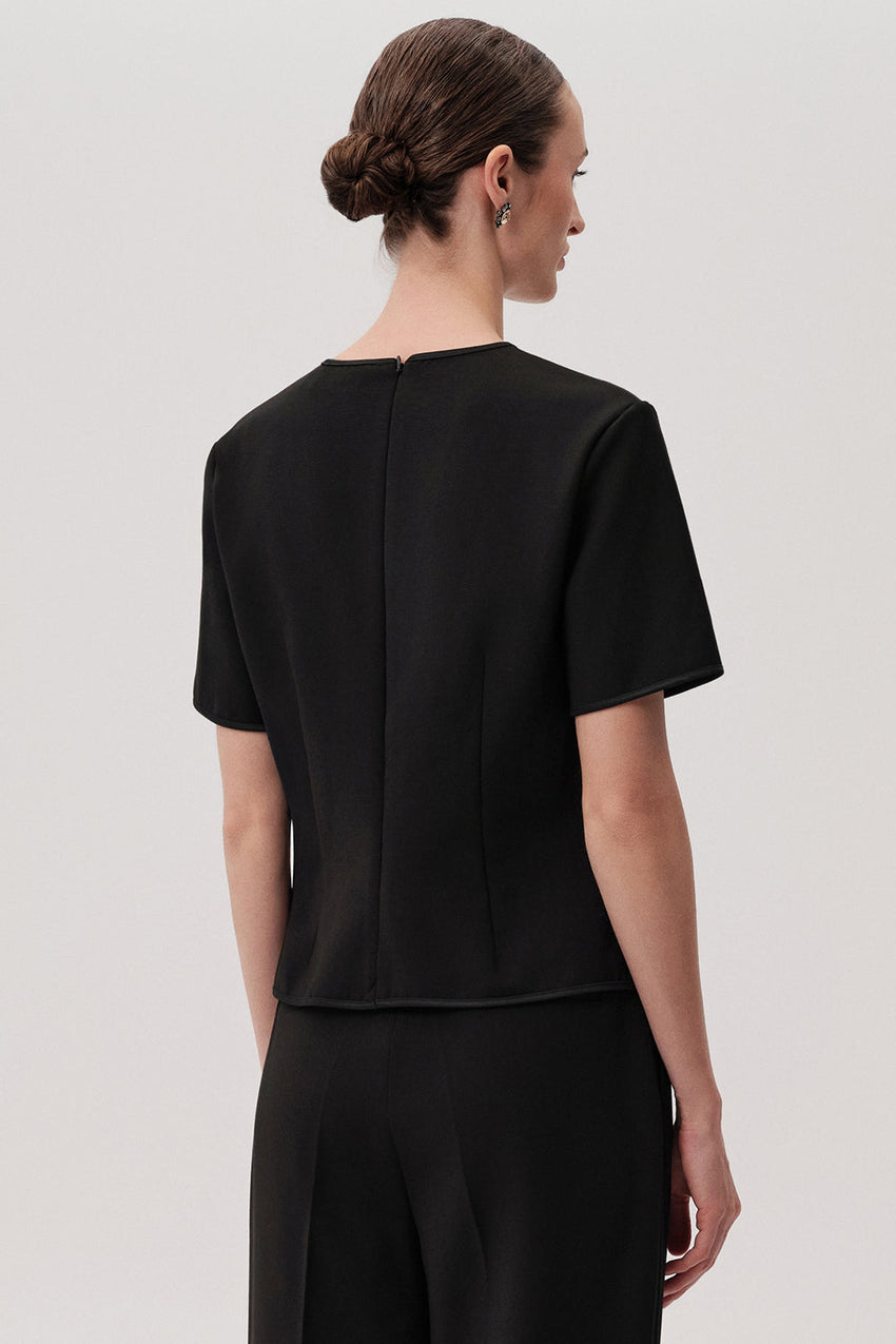 Dove Black Short Sleeve Crew Neck Blouse with Front Rope-Tie Detailing