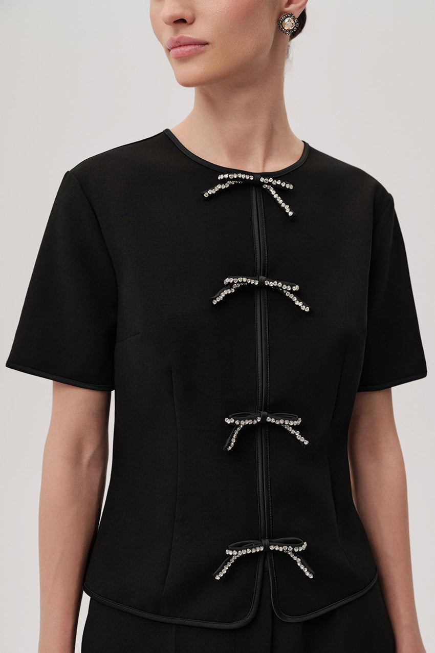 Dove Black Short Sleeve Crew Neck Blouse with Front Rope-Tie Detailing