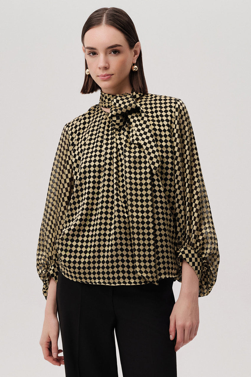 Patterned Balloon Sleeve Tie Detail Gold Black Blouse Gold Black